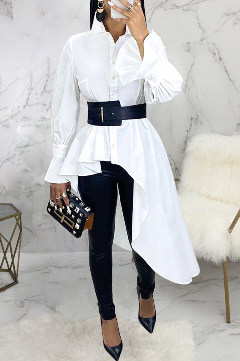 Asymmetric Hem Flare Sleeve Shirt Without Belt