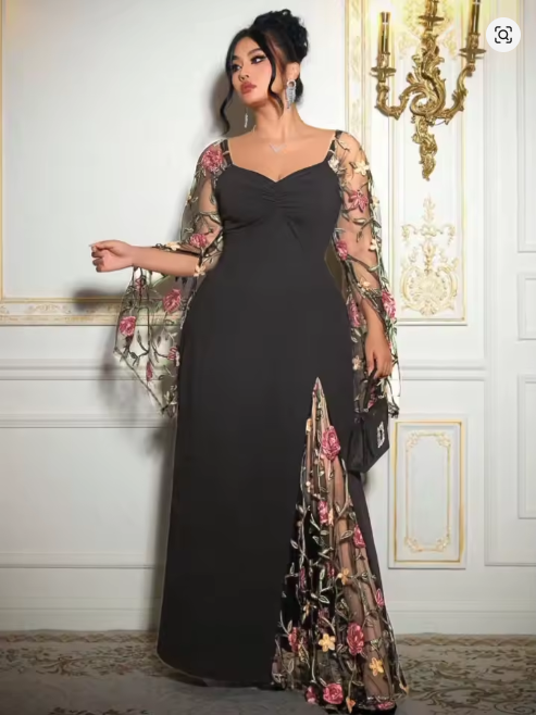 Luxury Fashion miu  Women's Sweetheart Neck Flare Sleeve Printed Split Maxi Dress Big Size