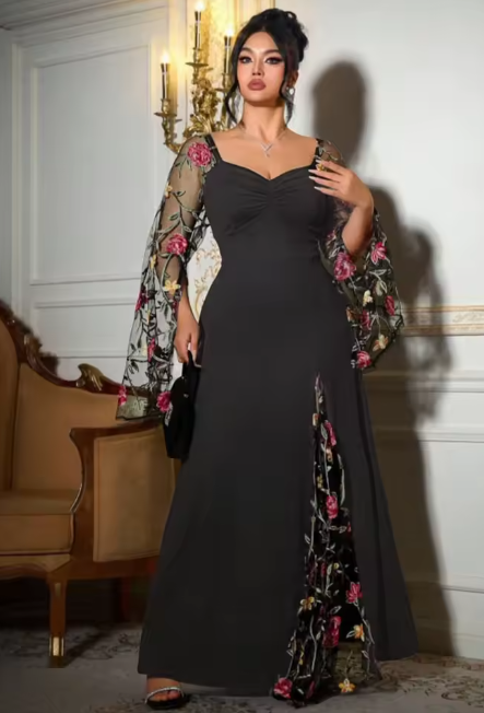 Luxury Fashion miu  Women's Sweetheart Neck Flare Sleeve Printed Split Maxi Dress Big Size