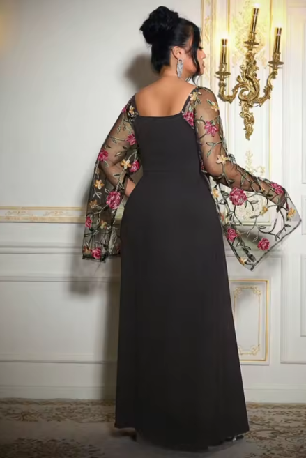 Luxury Fashion miu  Women's Sweetheart Neck Flare Sleeve Printed Split Maxi Dress Big Size