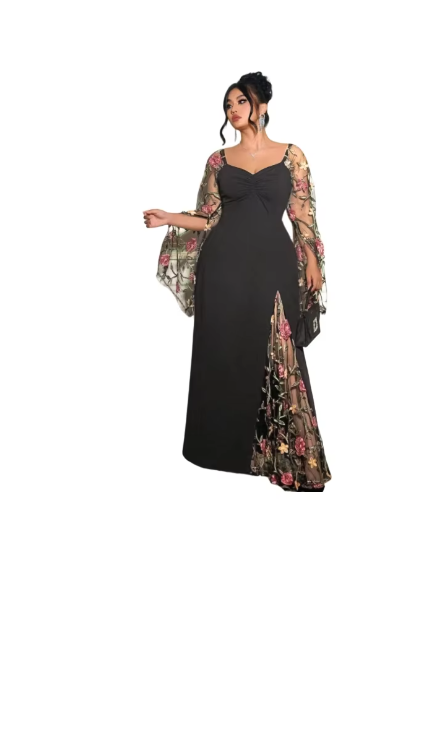 Luxury Fashion miu  Women's Sweetheart Neck Flare Sleeve Printed Split Maxi Dress Big Size