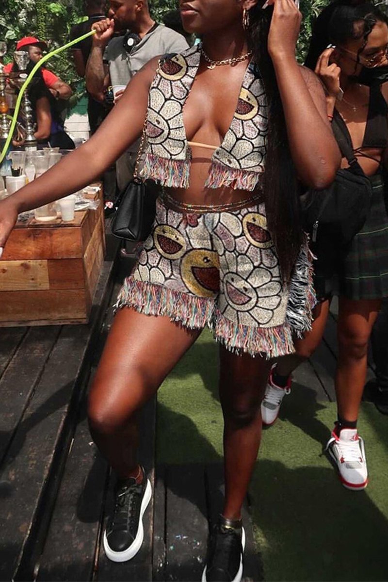 Bandage Tassels Digital Print Top & Shorts